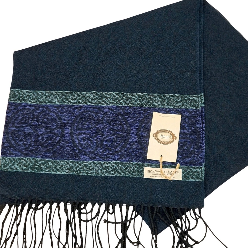 Aran Sweater Market Ireland Scarf Navy Blue Celtic Knot Wool Blend 15" wide NEW
